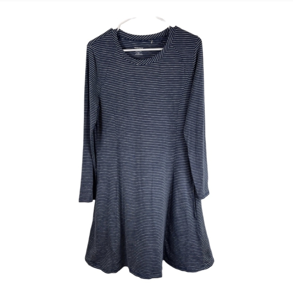 Toad & Co Sz Large Windmere Dress Blue Striped Long Sleeve Organic Cotton Tencel